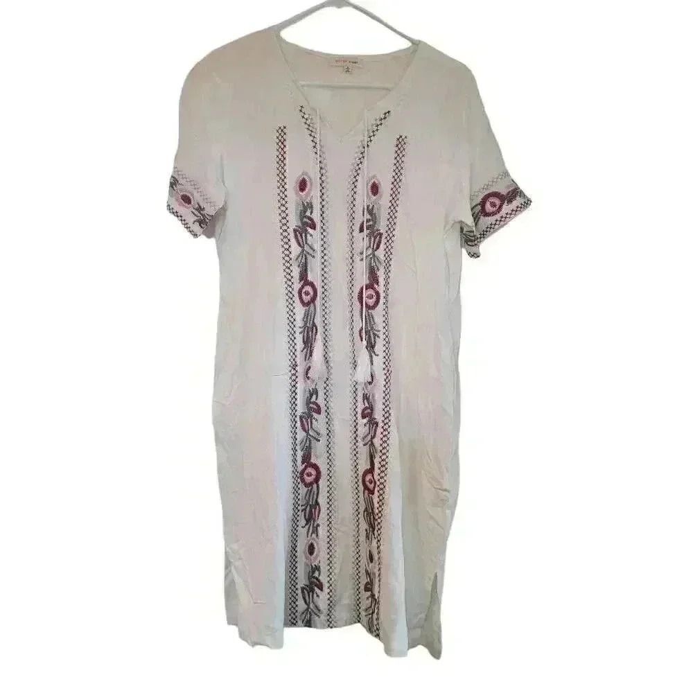 Orange Creek Women's White Rayon/Linen w Colorful Floral Embroidered Tunic Dress